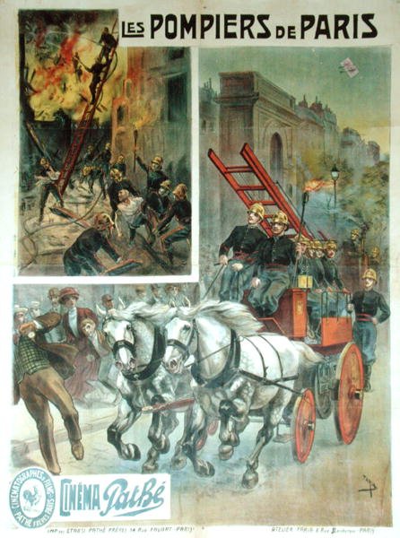 إعلان ملصق سينمائي "Les Pompiers de Paris" قبل عام 1914 (لون ليثو) بواسطة المدرسة الفرنسية