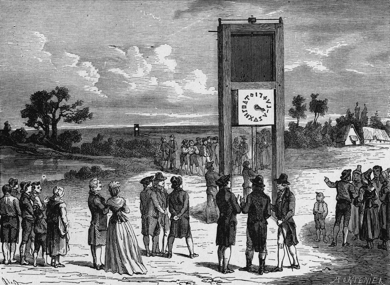 اختبر كلود تشاب أول تلغراف جوي له في عام 1793 - في ألبوم “Album de la Science؛ علماء لامعون اكتشافات غراندز "" 1896. بواسطة المدرسة الفرنسية