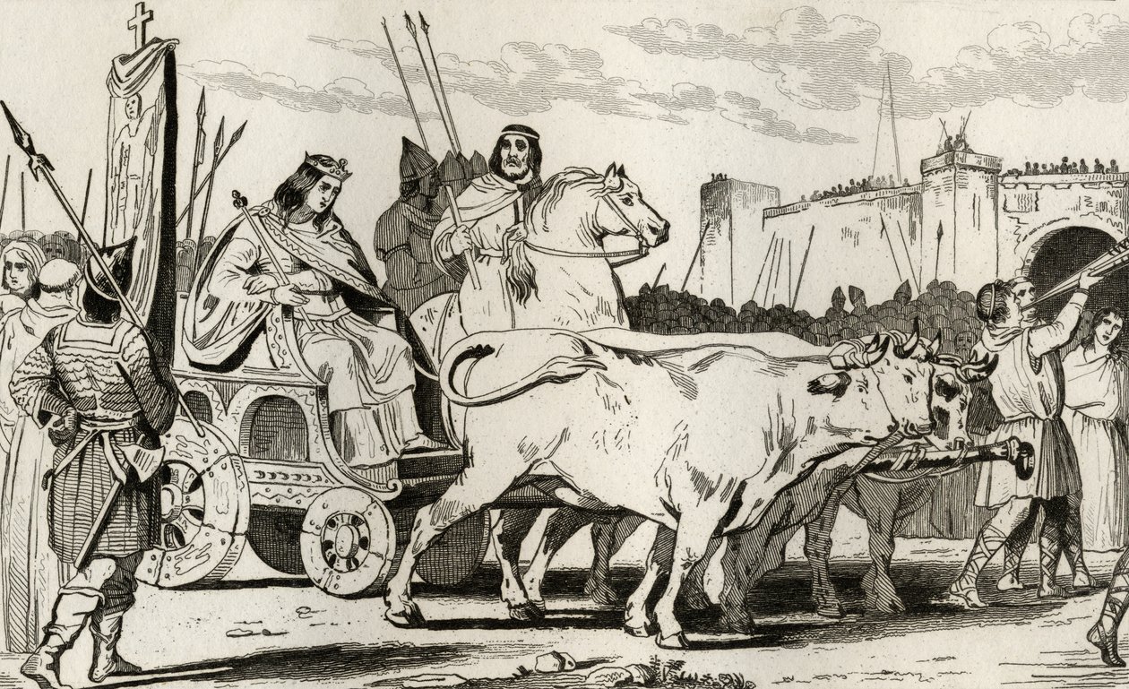 Clovis III (682-95) في عربة سحبها الثيران ، مع Pepin II of Herstal (c.714) يركب إلى جانبه ، من `` Histoire de France &39;&39; بواسطة Colart ، تم نشره عام 1840 بواسطة المدرسة الفرنسية