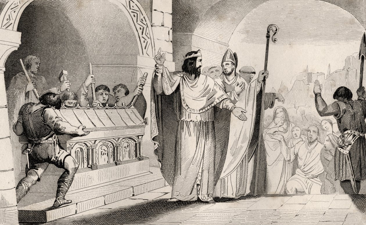 Clovis II (635-57) بيع الفضة والذهب من الضريح لإطعام الفقراء ، من "Histoire de France" بواسطة Colart ، تم نشره عام 1840 بواسطة المدرسة الفرنسية