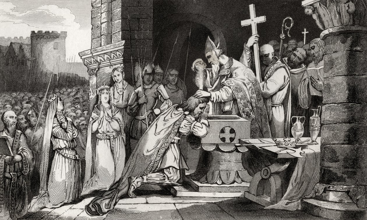 Clovis I (465-511) عمد مع رجال من جيشه قبل معركة Tolbiac ، من "Histoire de France" بواسطة Colart ، تم نشره عام 1840 بواسطة المدرسة الفرنسية