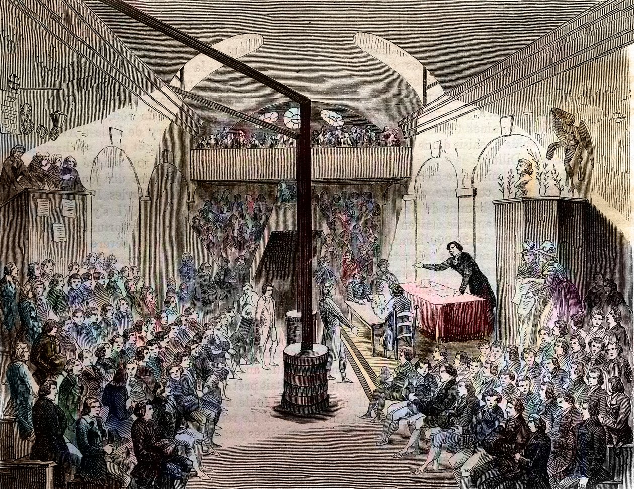 Club des Jacobins - Paris rue Neuve-St Honore 1789 - منظر لنادي اليعاقبة. الدير السابق لرهبانية سانت دومينيكا - جلسة في نادي اليعاقبة خلال ثورة 1789 - نقش 1844 - الثورة الفرنسية. جلسة في يعقوب بواسطة المدرسة الفرنسية
