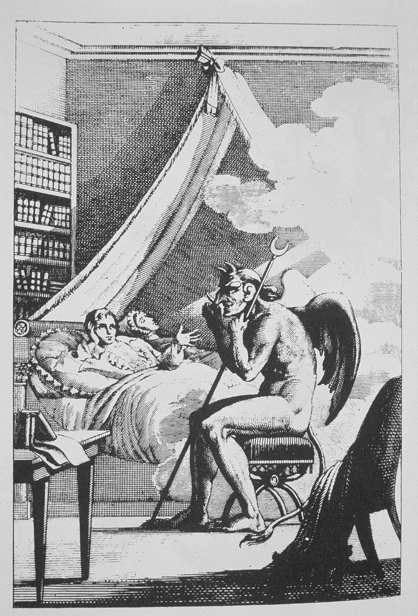 كولين دي بلانسي (1793-1887) يتحدث مع الشيطان ، من Le Diable Peint par Lui-meme (1825) موضحة في تاريخ السحر المنشور في أواخر القرن التاسع عشر بواسطة المدرسة الفرنسية