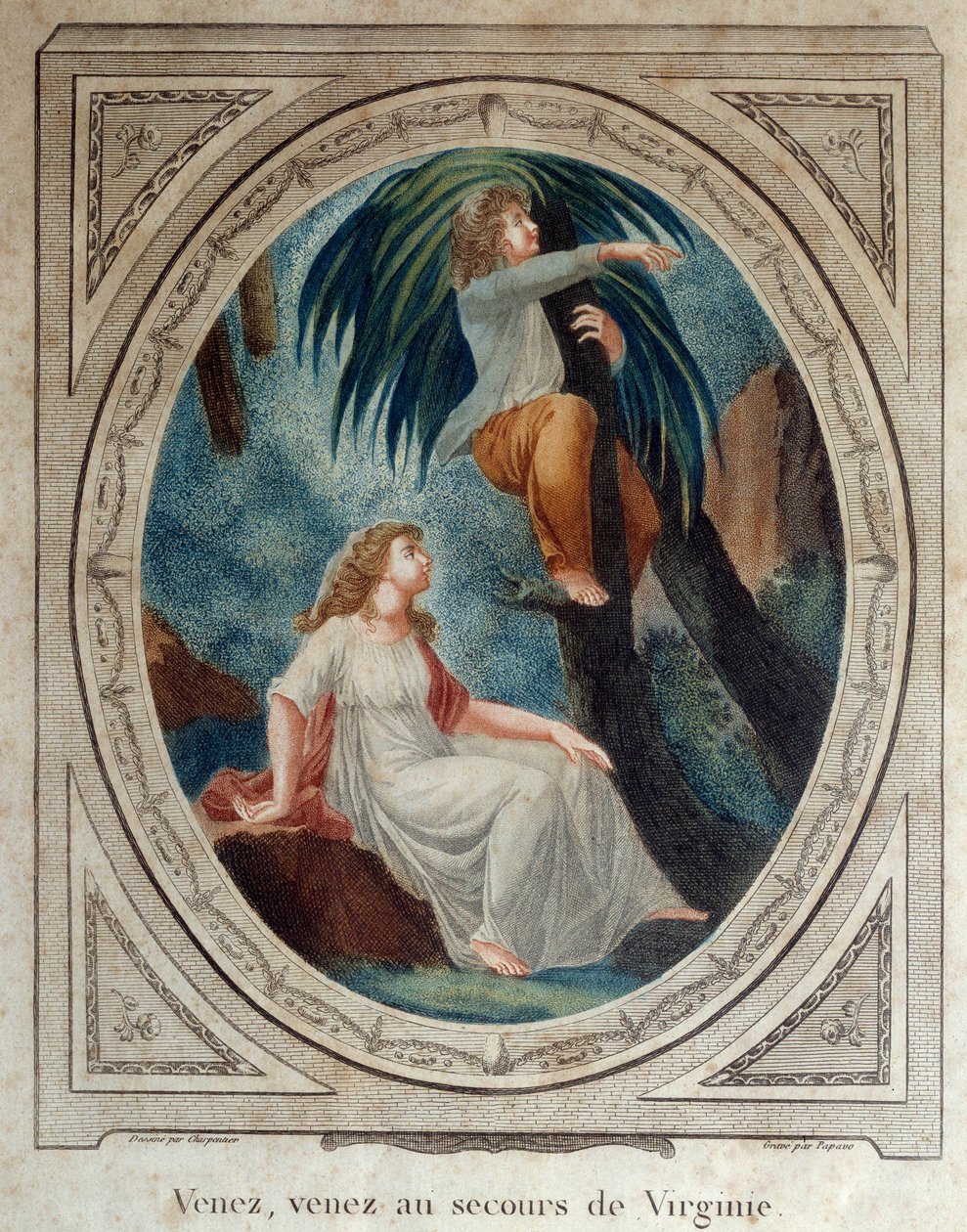 تعال ، ساعد فرجينيا. رسم توضيحي لرواية "بول وفيرجيني" بقلم برناردين دي سان بيير (1737-1814). نقش من عام 1790. لاروشيل ، متحف العالم الجديد بواسطة المدرسة الفرنسية