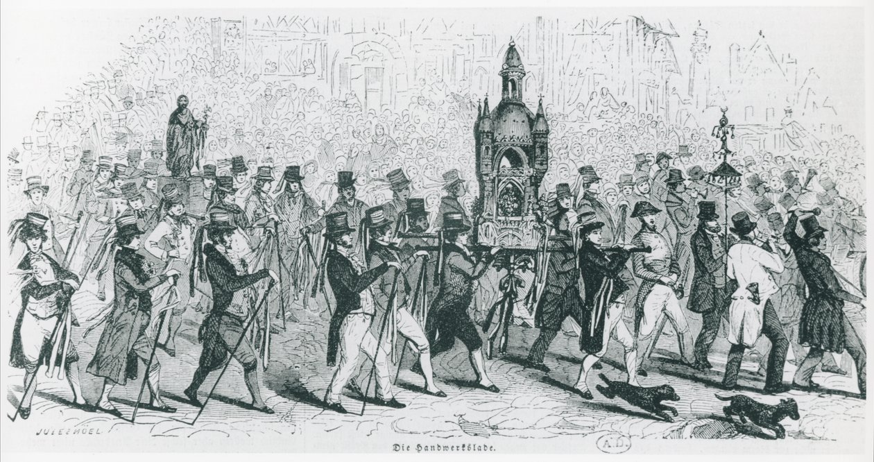 احتفال رفاق سباق فرنسا للدراجات ، ج. 1845 (نقش) (صورة بالأبيض والأسود) بواسطة المدرسة الفرنسية