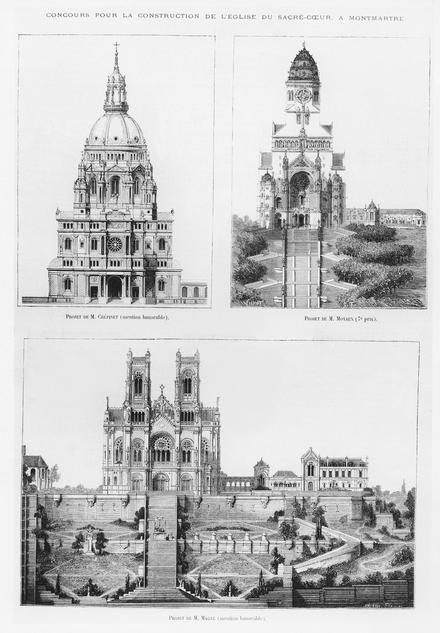 مسابقة لبناء كنيسة Sacré-Coeur في Montmartre ، تصاميم من Monsieur Crépinet ، Monsieur Moyaux و Monsieur Magne ، 1875 بواسطة المدرسة الفرنسية
