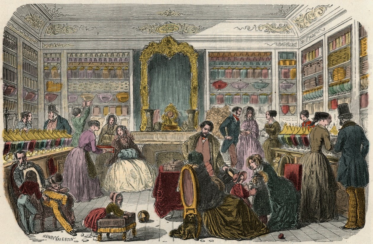 متجر الحلويات في باريس في القرن التاسع عشر - نقش في "Tableau-de-Paris" بواسطة Edmond Texier 1852 بواسطة المدرسة الفرنسية