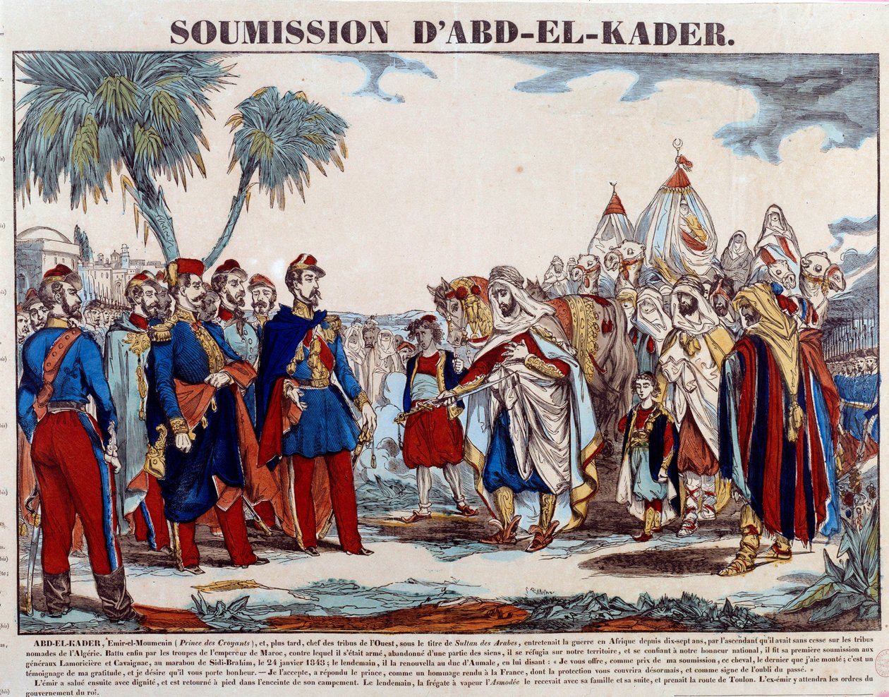 غزو الجزائر (1830-1847): تسليم عبد القادر (عبد القادر أو بن محيي الدين الحسني) (1807-1883) لدوق أومالي وللجيش الفرنسي في 24/01 / 1848. نقش مجموعة خاصة من أواخر القرن التاسع عشر بواسطة المدرسة الفرنسية
