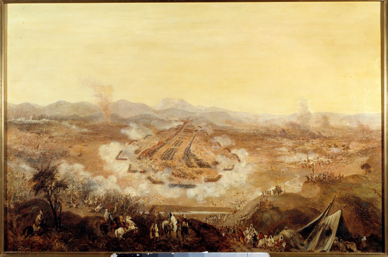 غزو الجزائر: "" معركة إسلي في 16/8/1844 التي تصور المغاربة الذين يدعمون عبد القادر أمام الفرنسيين "لوحة للمدرسة الفرنسية. 1844 باريس ، متحف أرمي بواسطة المدرسة الفرنسية