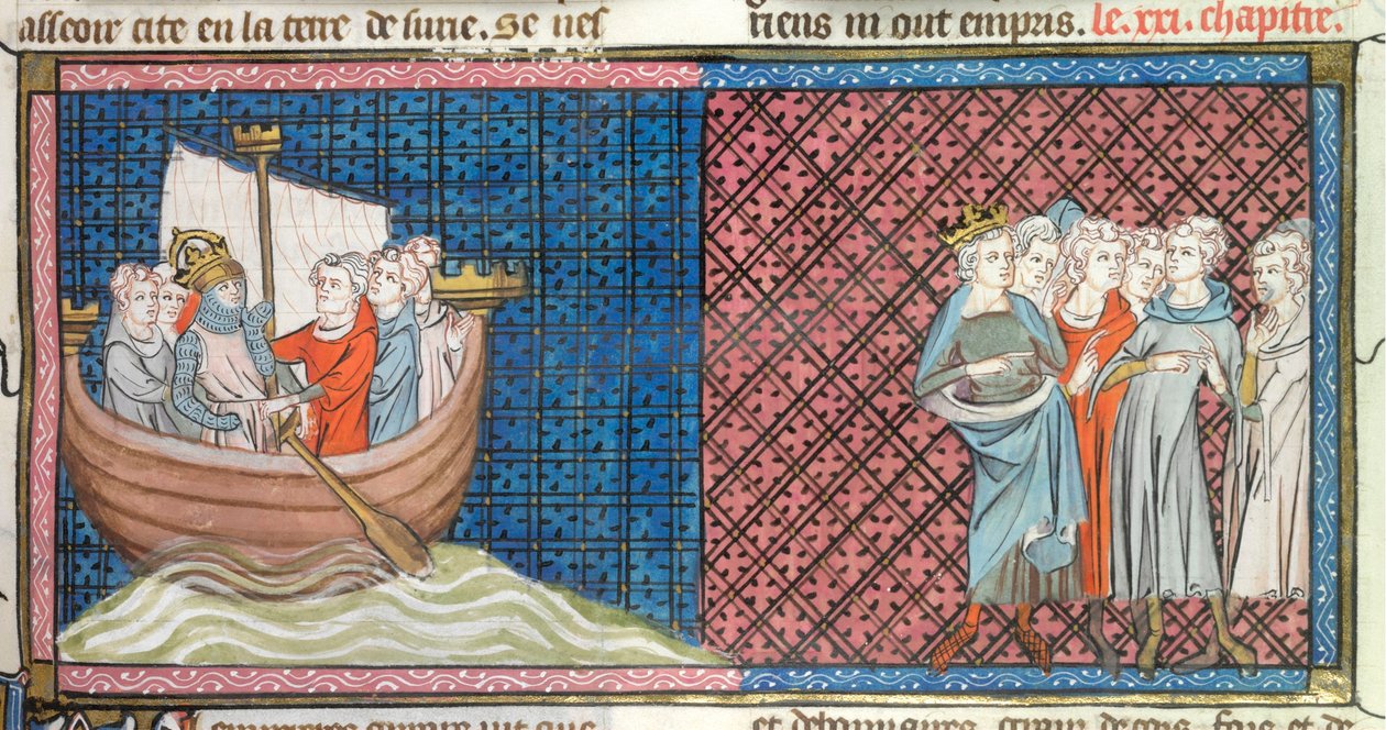 يغادر كونراد الثالث ولويس السابع ، رسم توضيحي من `` Chroniques de France ou de Saint Denis 