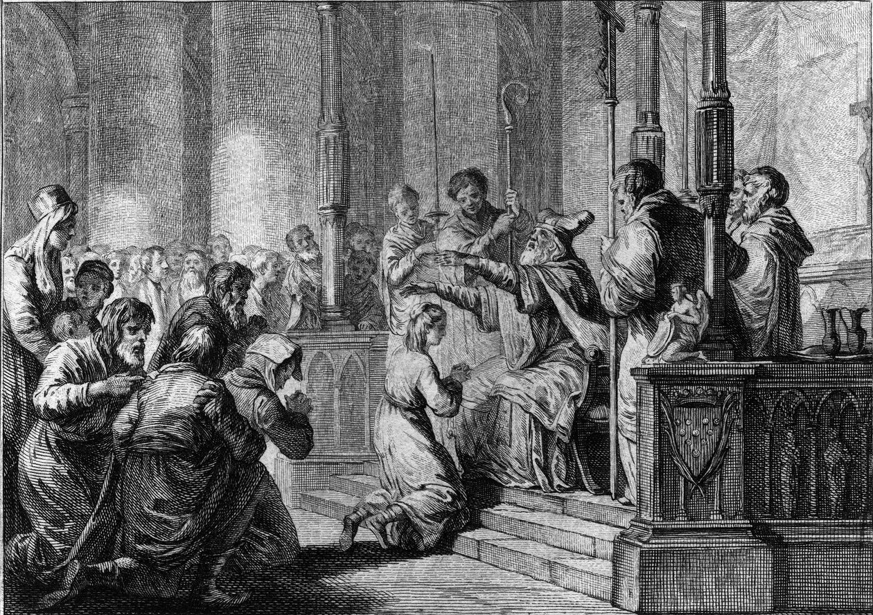 Consecration of Saint Genevieve, circa 430: Saint Germain, eveque of Auxerre بواسطة المدرسة الفرنسية