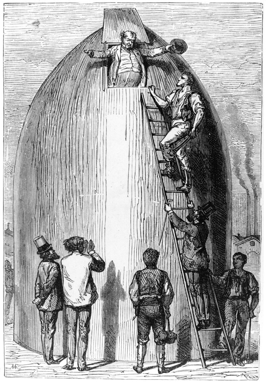 بناء صاروخ ، رسم توضيحي من الأرض إلى القمر بقلم جول فيرن (1828-1905) باريس ، هتزل ، نُشر عام 1865 بواسطة المدرسة الفرنسية