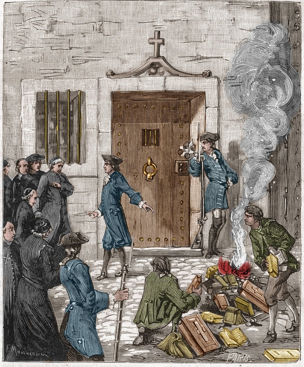 إدانة Societe des Jesuites إثر قرار Parlement de Paris بتاريخ 6 أغسطس 1762. أمرت المحكمة بإحراق أكثر من 24 كتابًا وكتابًا من قبل اليسوعيين بواسطة الجلاد. نقش القرن التاسع عشر. بواسطة المدرسة الفرنسية