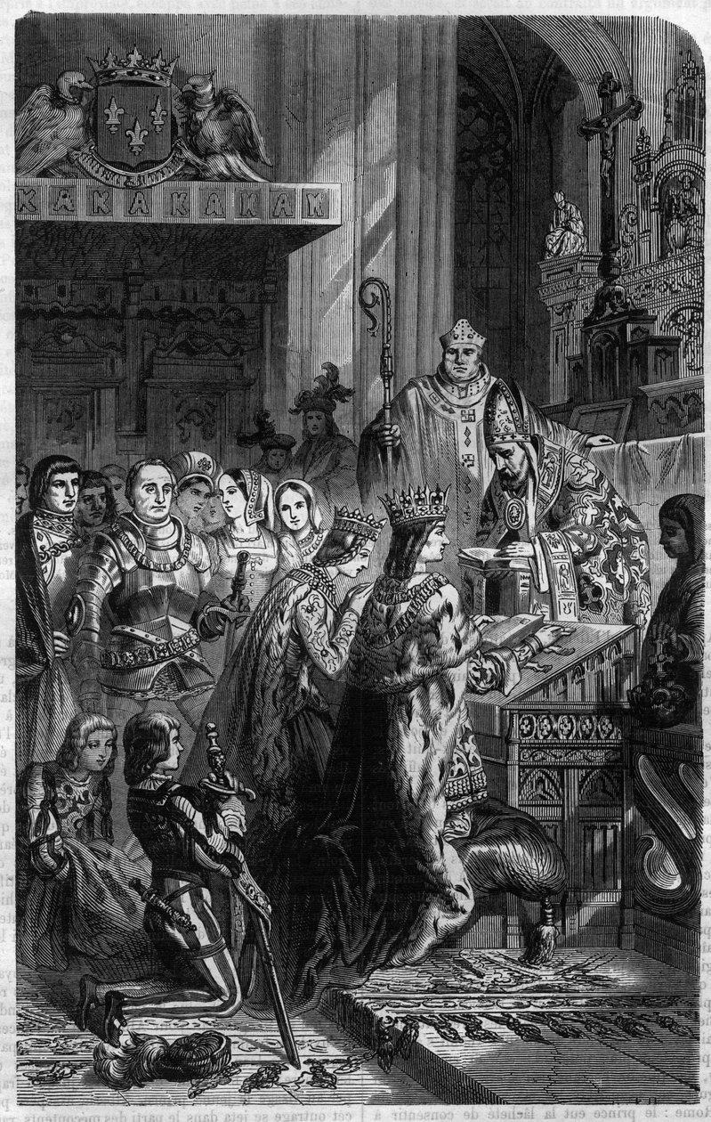 تتويج الإمبراطور أوتون الأول (912-973) للبابا يوحنا الثاني عشر عام 962 نقش في "Histoire des Papes-King-Queen-and-Empereurs عبر القرون" بقلم موريس لاكاتر بواسطة المدرسة الفرنسية