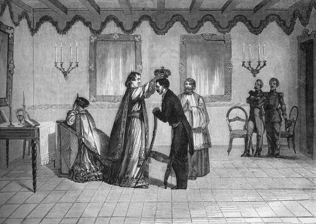 تتويج الملك راداما الثاني ملك مدغشقر (1829-1863) على يد القس الكاثوليكي الفرنسي جون بواسطة المدرسة الفرنسية