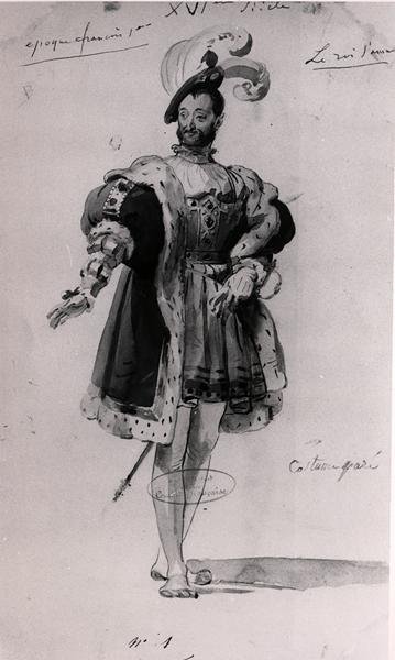 تصميم أزياء "Le Roi Samuse" (1832) بواسطة Victor Hugo (1802-85) (قلم وحبر وألوان مائية على ورق) (صورة بالأبيض والأسود) بواسطة المدرسة الفرنسية