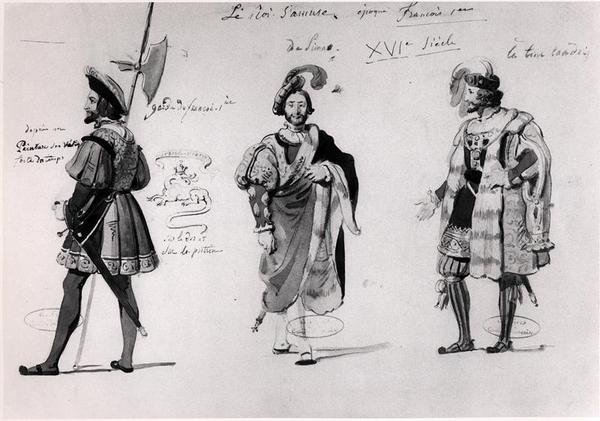 تصميمات أزياء لـ "Le Roi Samuse" (1832) بقلم فيكتور هوغو (قلم وحبر وألوان مائية على ورق) (صورة بالأبيض والأسود) بواسطة المدرسة الفرنسية