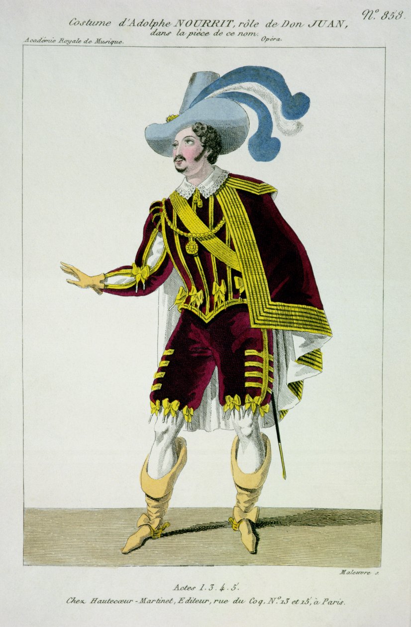 زي أدولف نوريت (1802-39) في دور دون جيوفاني في دار الأوبرا بهذا الاسم ، نقشها ماليفر ، طبعها Hautecoeur-Martinet بواسطة المدرسة الفرنسية