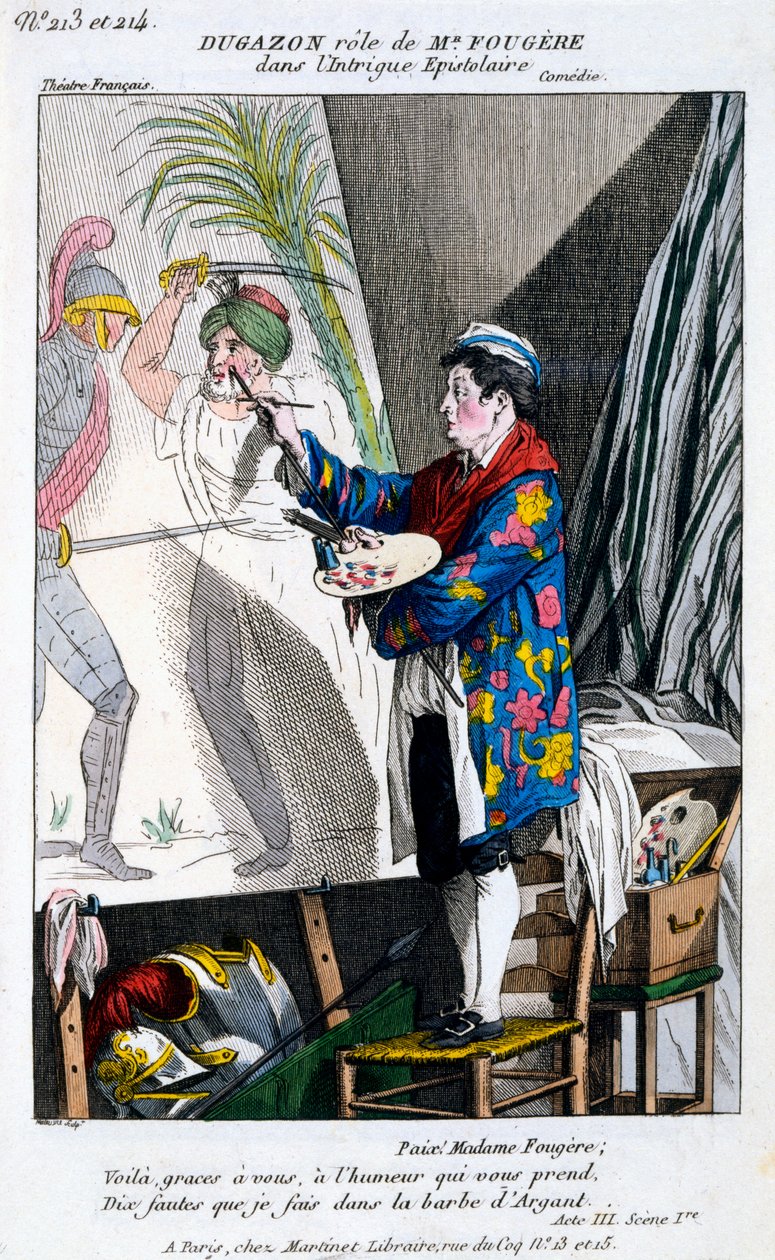 زي لدوغازون في دور السيد فوجير في LIntrigue Epistolaire ، من Petite Galerie Dramatique ، نشر 1796 بواسطة المدرسة الفرنسية