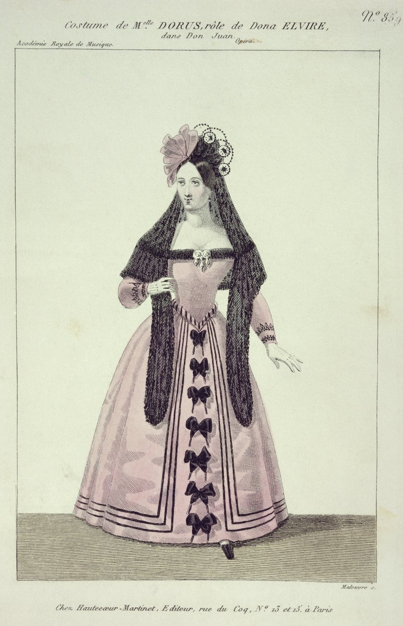 زي لـ Mademoiselle Dorus في دور دونا إلفيرا في Don Giovanni ، منقوش من Maleuvre ، طبعه Hautecoeur-Martinet بواسطة المدرسة الفرنسية