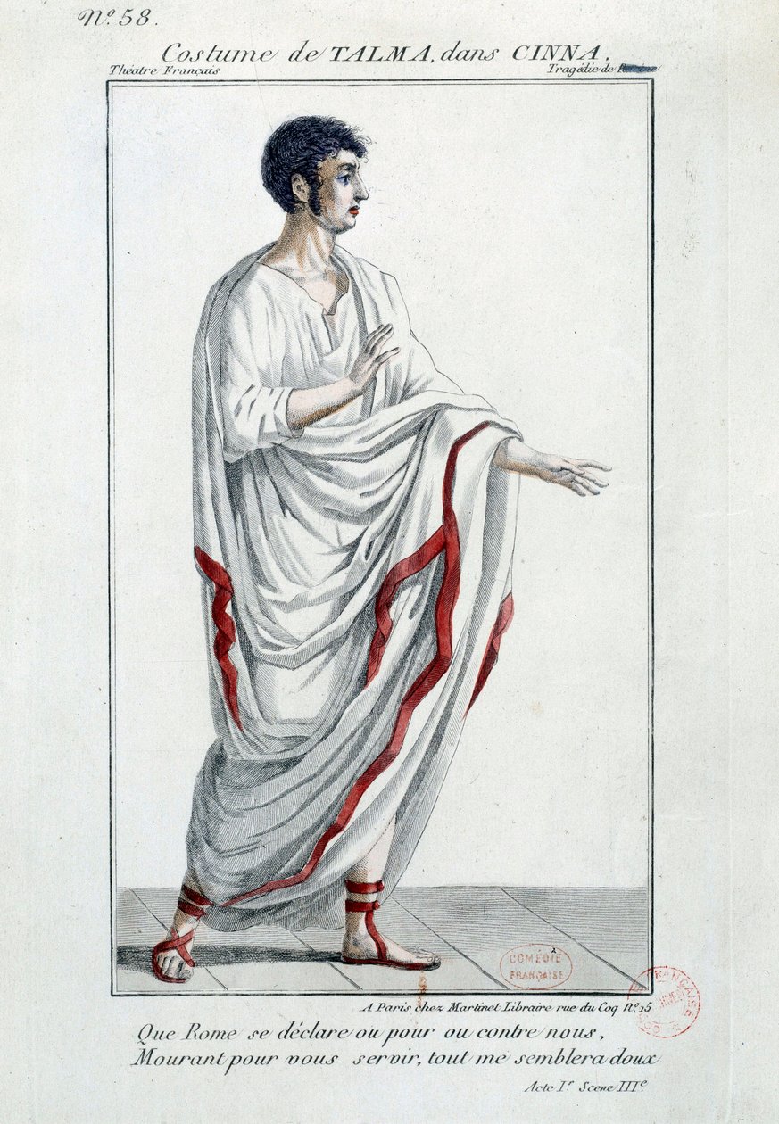 زي الممثل الكوميدي فرانسوا جوزيف (فرانسوا جوزيف) تالما (1763-1826) في مأساة "Cinna ou la Clemence d'Auguste" لبيير كورنيل. 1799 باريس ، كوميديا فرنسية بواسطة المدرسة الفرنسية