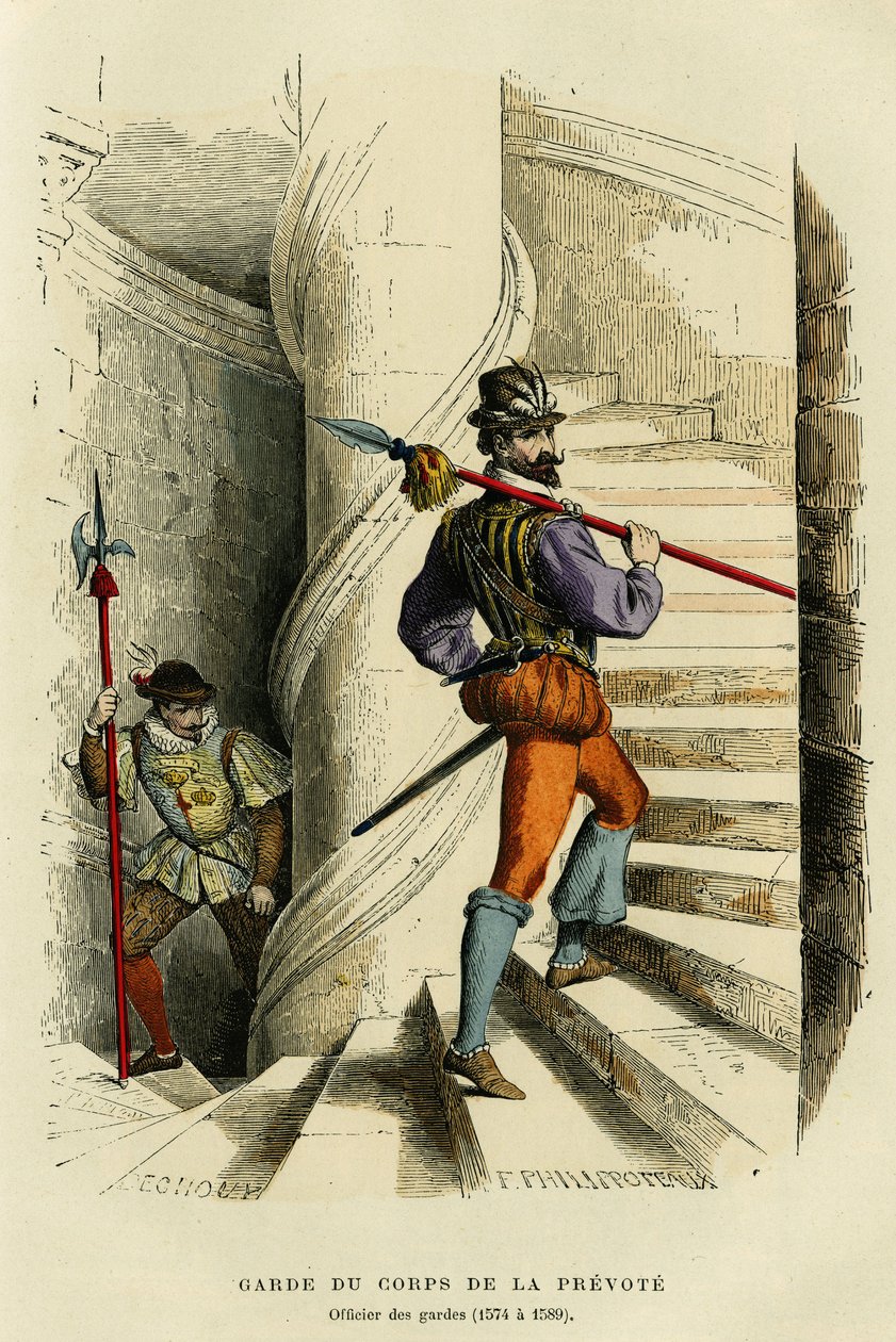 زي الحارس الشخصي لـ prevote ، يليه ضابط الحراس (1574 a 1589). نقش بالألوان في "France et les francais a travers les siecles" بقلم Augustin Challamel ، محرر F.Roy ، باريس 1882. مجموعة سيلفا. بواسطة المدرسة الفرنسية