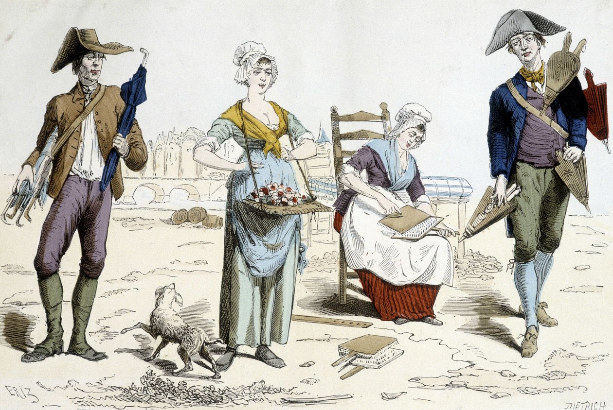 Costumes of Paris through the centuries. Illustration of 18th century clothing: merchant of umbrellas, flowers, mattress cardboard and bellows merchant. بواسطة المدرسة الفرنسية