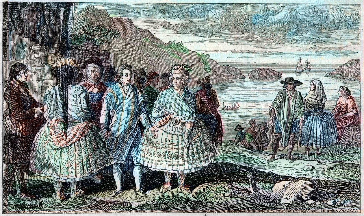 أزياء سكان La Conception (تشيلي) - Atlas du Voyage de La Perouse (Laperouse) حول العالم خلال الأعوام 1785-1788 ، باريس 1797. بواسطة المدرسة الفرنسية