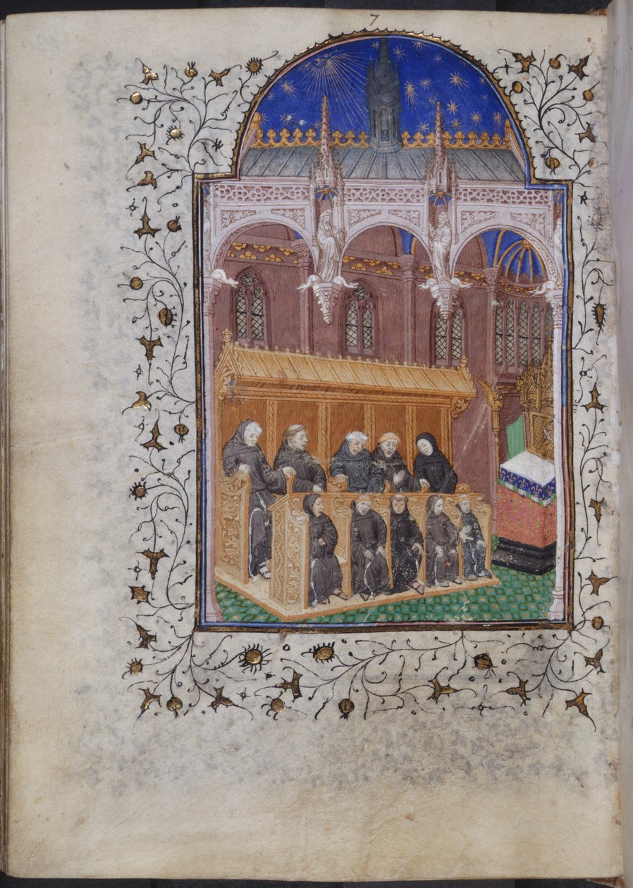 Cott Dom A XVII f.122v رهبان يرتدون ملابس سوداء يغنون في جوقة ، من سفر المزامير لهنري السادس ، باريس ، حوالي 1420 (ورق) بواسطة المدرسة الفرنسية