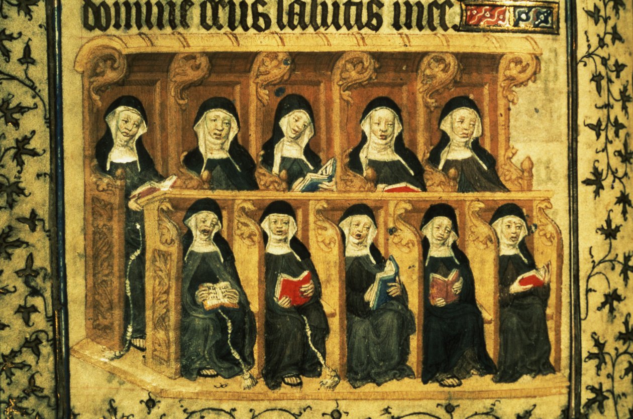Cott Dom A XVII f.74v راهبات في كشك جوقة ، من سفر المزامير لهنري السادس ، باريس بواسطة المدرسة الفرنسية