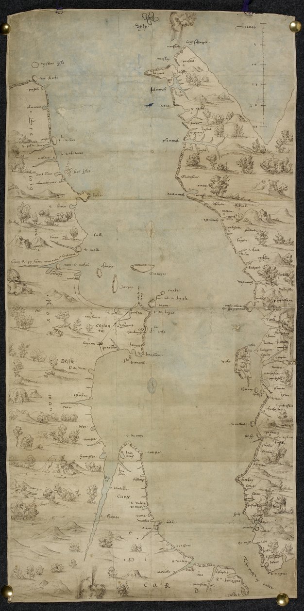 Cotton Augustus I ii f.65 خريطة القناة الإنجليزية (الساحل الجنوبي الإنجليزي والساحل الشمالي الفرنسي) بقلم جان روتز بواسطة المدرسة الفرنسية