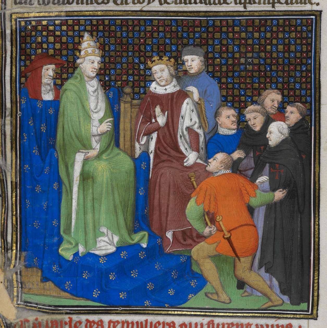 Cotton Nero E II pt2 fol.100v The Templars قبل فيليب الرابع (1268-1314) والبابا كليمنت الخامس (1260-1320) ، من "Grandes Chroniques de France" (ورق) بواسطة المدرسة الفرنسية