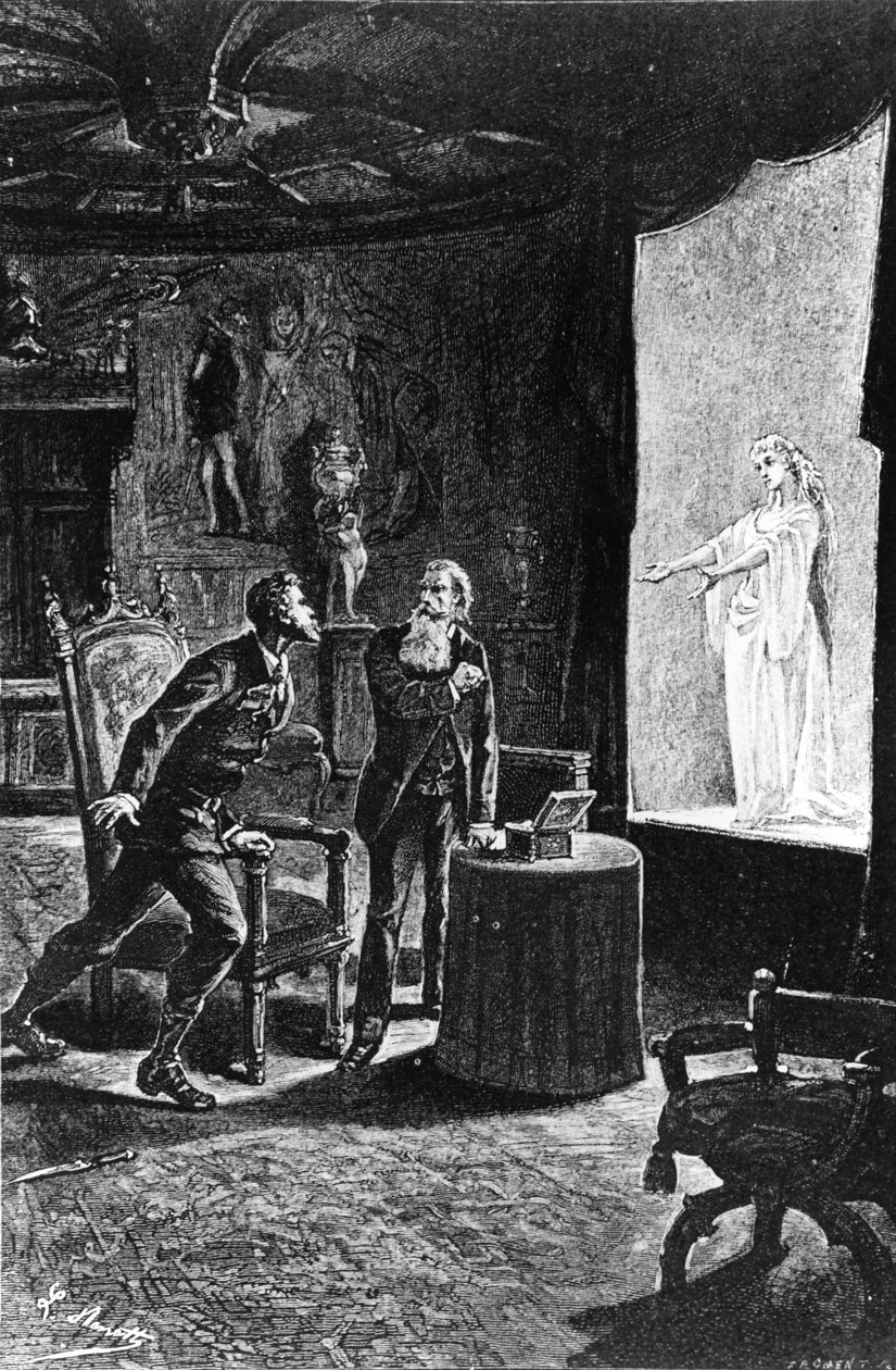 يعتقد الكونت فرانز دي تيليك أنه يرى عشيقته السابقة La Stilla ، رسم توضيحي لقلعة كارباثيان بقلم جول فيرن ، نشره Hetzel ، 1892 بواسطة المدرسة الفرنسية