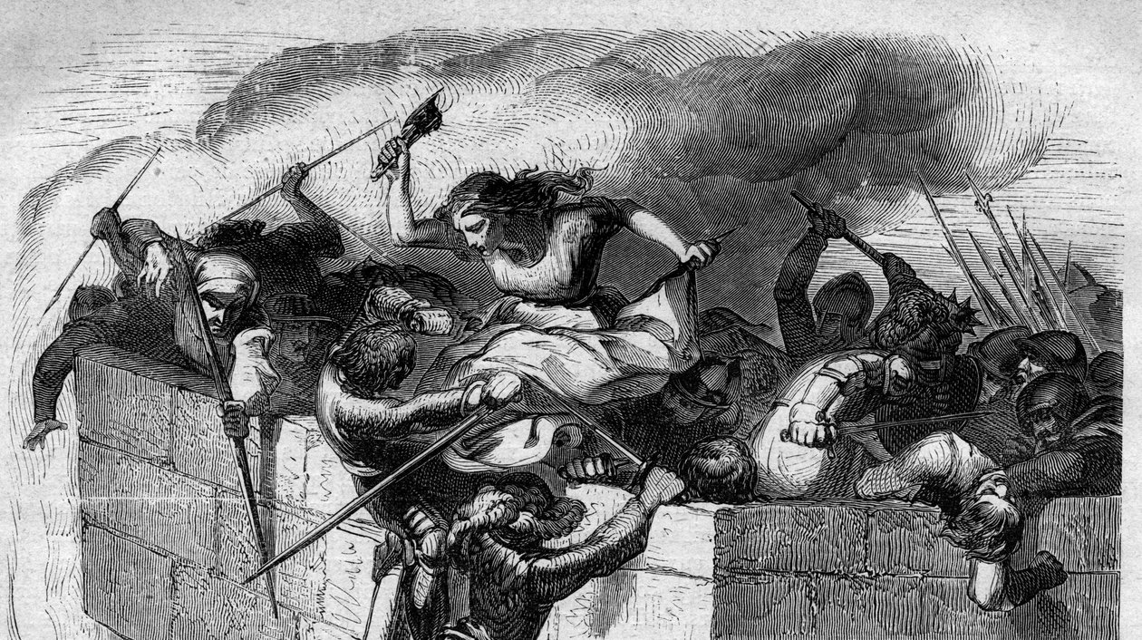 دفعت الكونتيسة ماتيلد من توسكانا (ماتيلد دي توسكانا) المعروفة باسم كانوسا (1046-1115) قوات الإمبراطور هنري الرابع للإمبراطورية الجرمانية المقدسة إلى قلعة كانوسا عام 1077. نقش في "Histoire des Papes-Rois-Queen and Empereurs ترافرز ليه بواسطة المدرسة الفرنسية