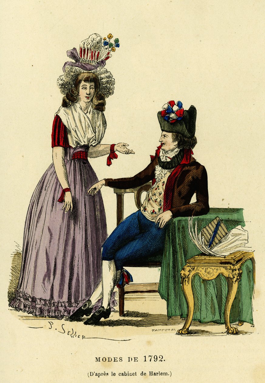 زوجان في الموضة من عام 1792. نقش ملون بعد رسم خزانة هارلم ، في "France et les francais a travers les siecles" بقلم Augustin Challamel ، محرر F.Roy ، باريس 1882. مجموعة سيلفا. بواسطة المدرسة الفرنسية