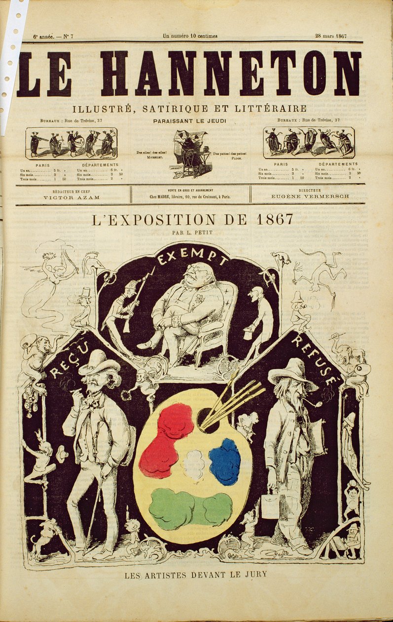 غلاف لو Hanneton ، يصور الفنانين قبل لجنة التحكيم في معرض 1867 ، 28 مارس 1867 بواسطة المدرسة الفرنسية