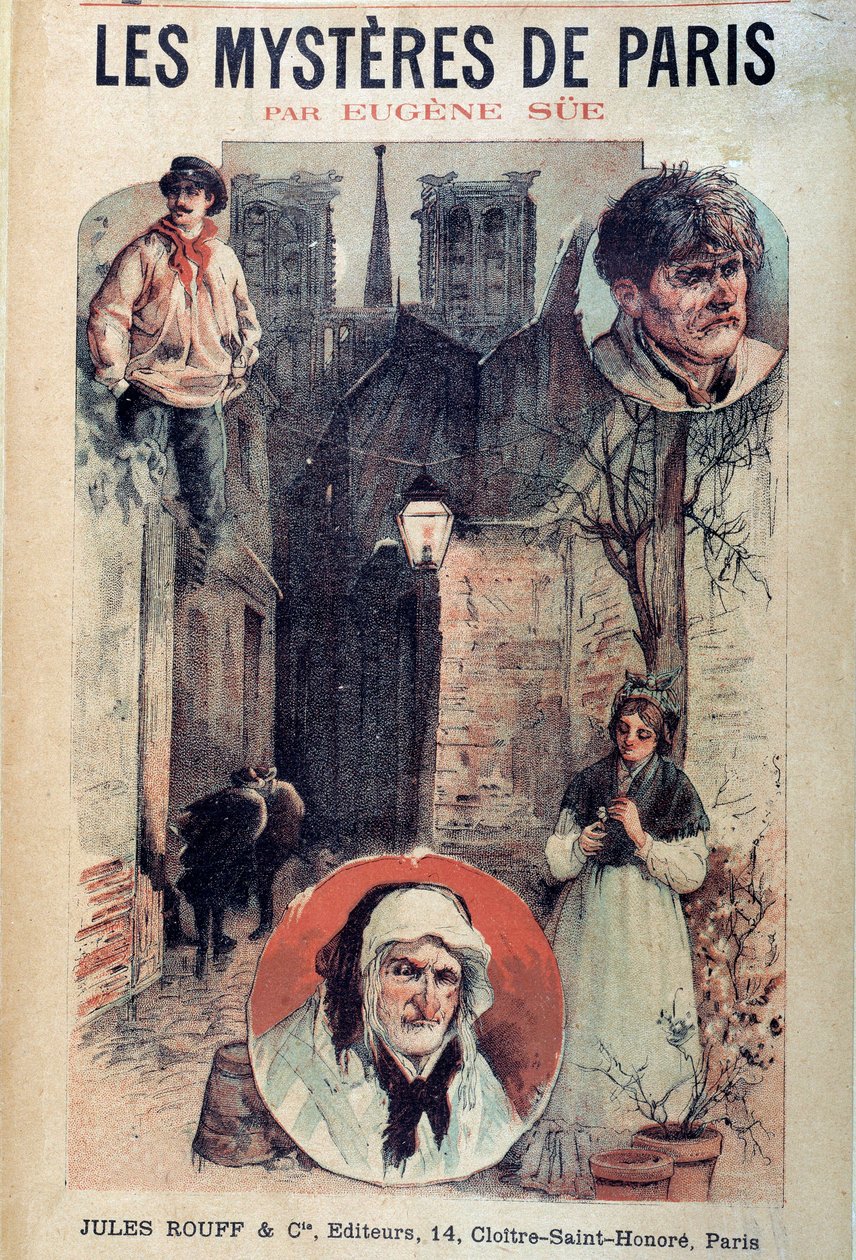 غلاف "" Les mysteres de Paris "بقلم يوجين سو (1804-1857) ، مناظر من زقاق باريسي وشخصيات بواسطة المدرسة الفرنسية