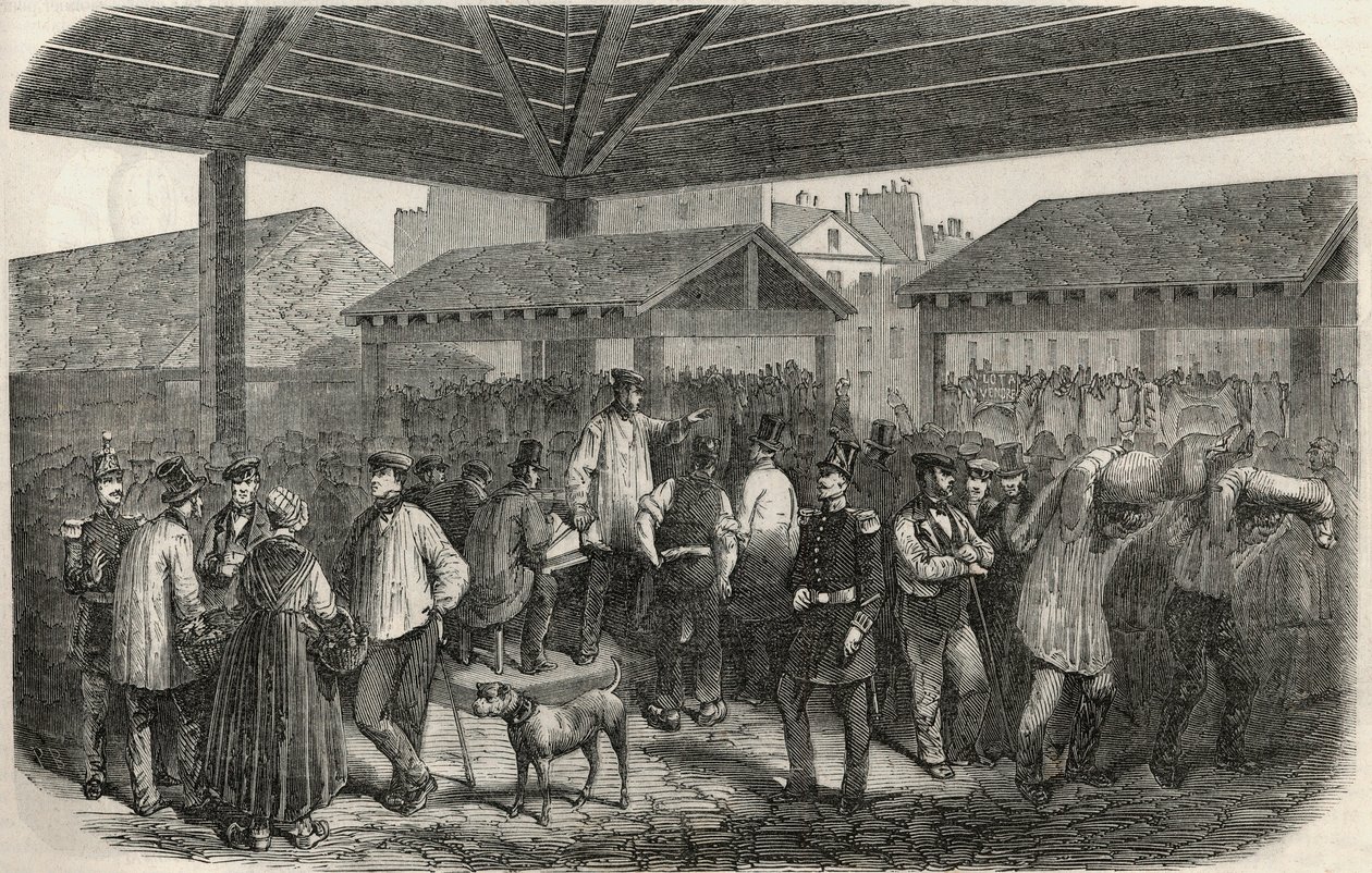 يصنع لحم الجزار في شارع des Prouvaires في الدائرة الأولى بباريس - نقش في "Tableau-de-Paris" لإدموند تيكسييه 1852 بواسطة المدرسة الفرنسية