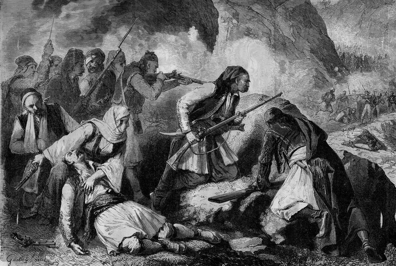 ثورة كريت (1866-1869) ، تمرد سكان كريت ضد الاحتلال العثماني: الاشتباك بين الكنديوت (سكان جزيرة كانديا أو كريت) والأتراك بواسطة المدرسة الفرنسية