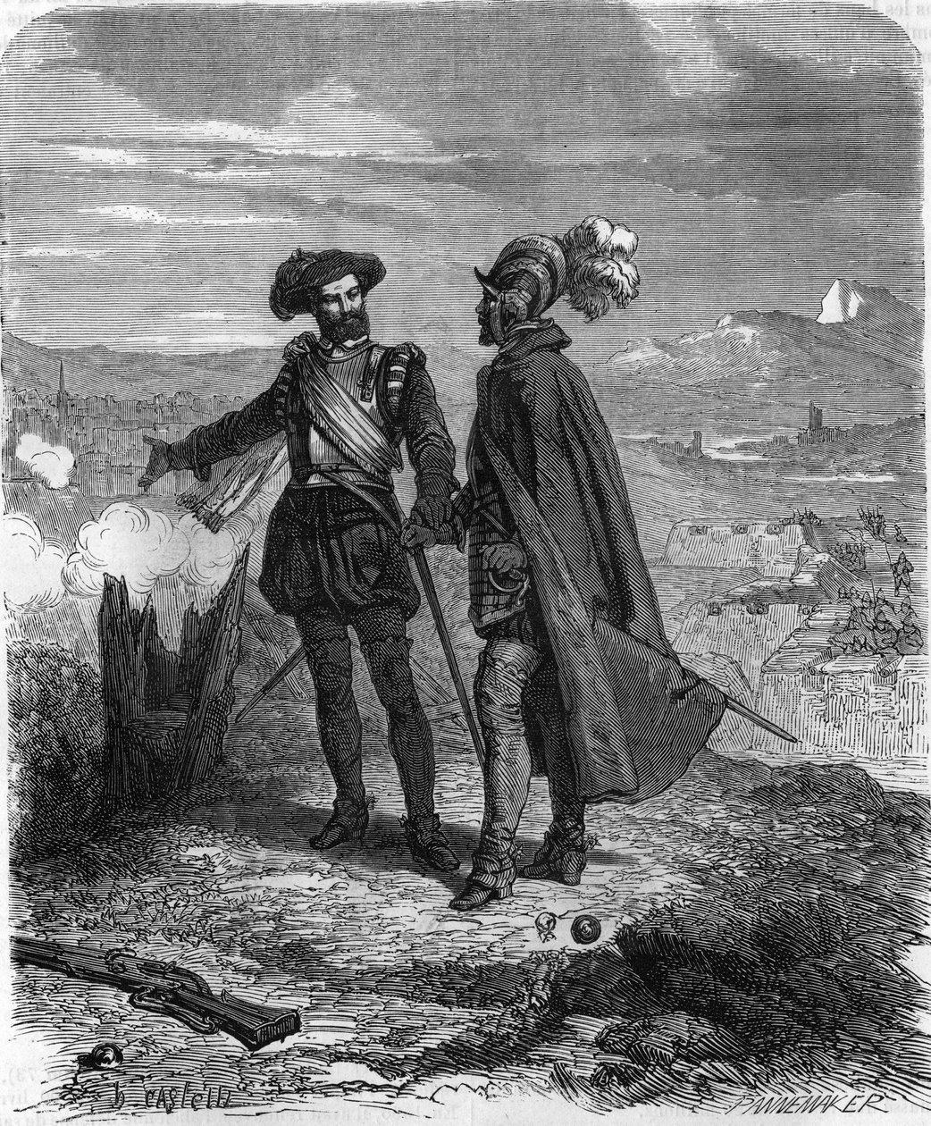 Crillon و Maximilian of Bethune ، دوق سولي ، رجل دولة فرنسي ومستشار هنري الرابع ، أثناء حصار سافوي (1600-1601). في "" Histoire Populaire de la France "" ، نقش من القرن التاسع عشر. بواسطة المدرسة الفرنسية