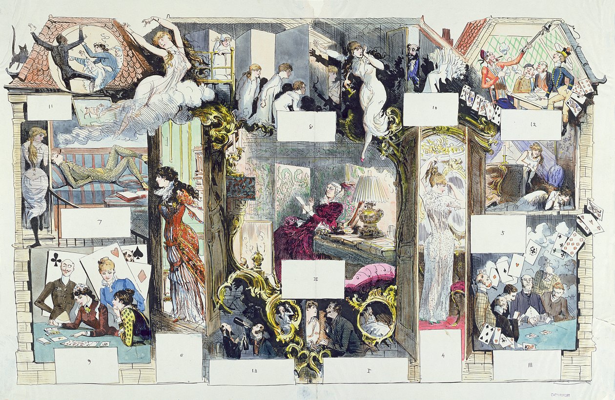 مقطع عرضي لبيت باريسي ، رسم توضيحي من La Vie Parisienne ، c.1875 (نقش ملون) بواسطة المدرسة الفرنسية