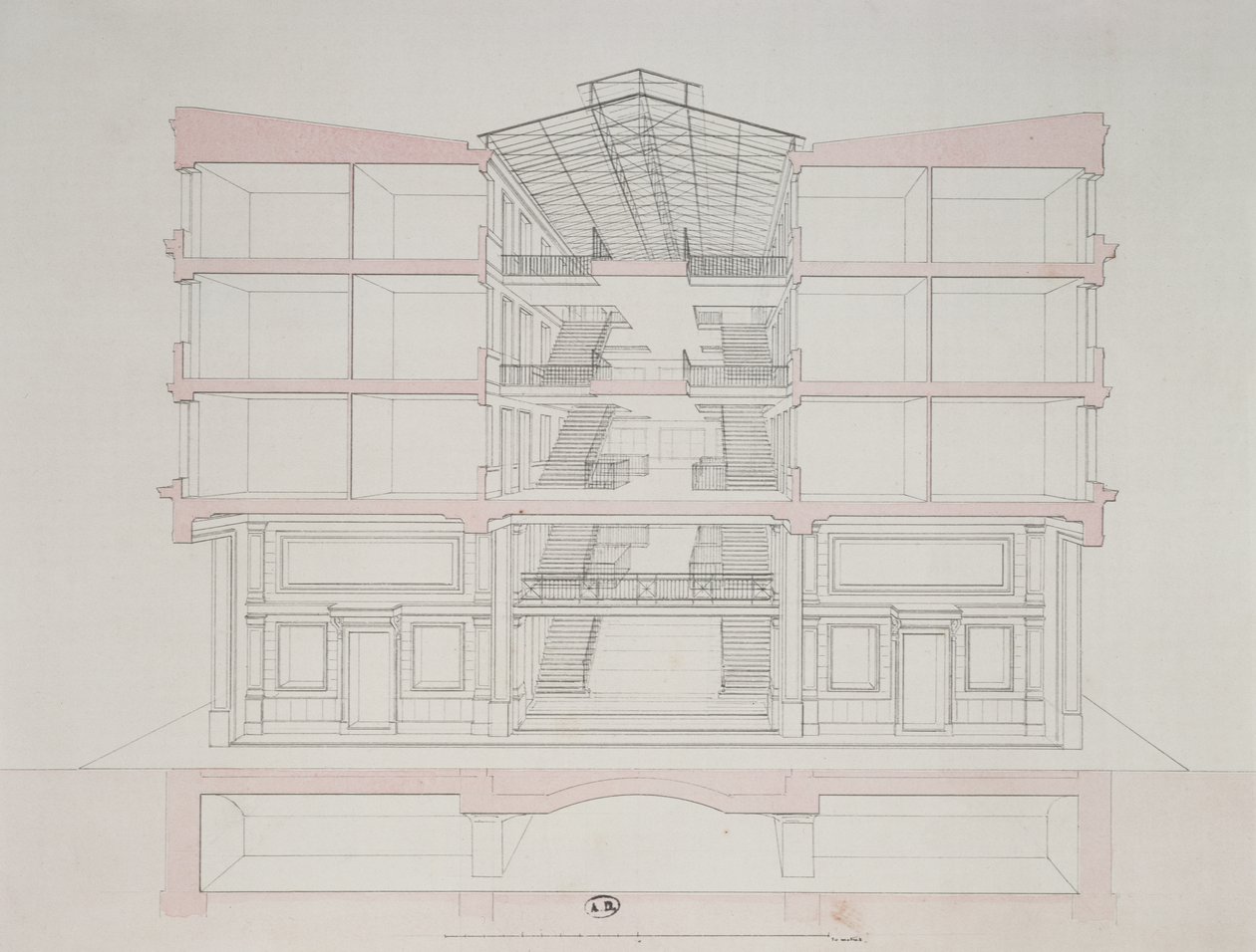 مقطع عرضي لمنزل في نابليون لتطوير المساكن ، 58 rue Rochechouart ، باريس ، 1849 بواسطة المدرسة الفرنسية