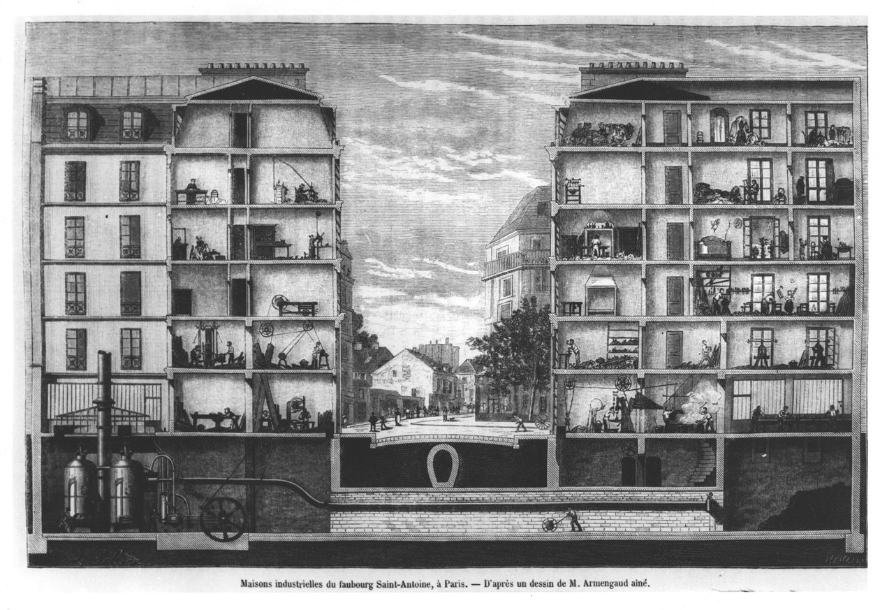 مقطع عرضي للمنازل الصناعية في فوبورج سانت أنطوان في باريس ، رسم توضيحي من Le Magasin Pittoresque ، 1885 بواسطة المدرسة الفرنسية