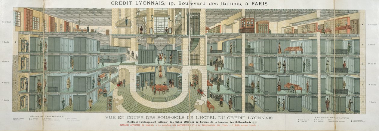 مقطع عرضي من قبو Credit Lyonnais، 19 Boulevard des Italiens، c.1878-82 بواسطة المدرسة الفرنسية