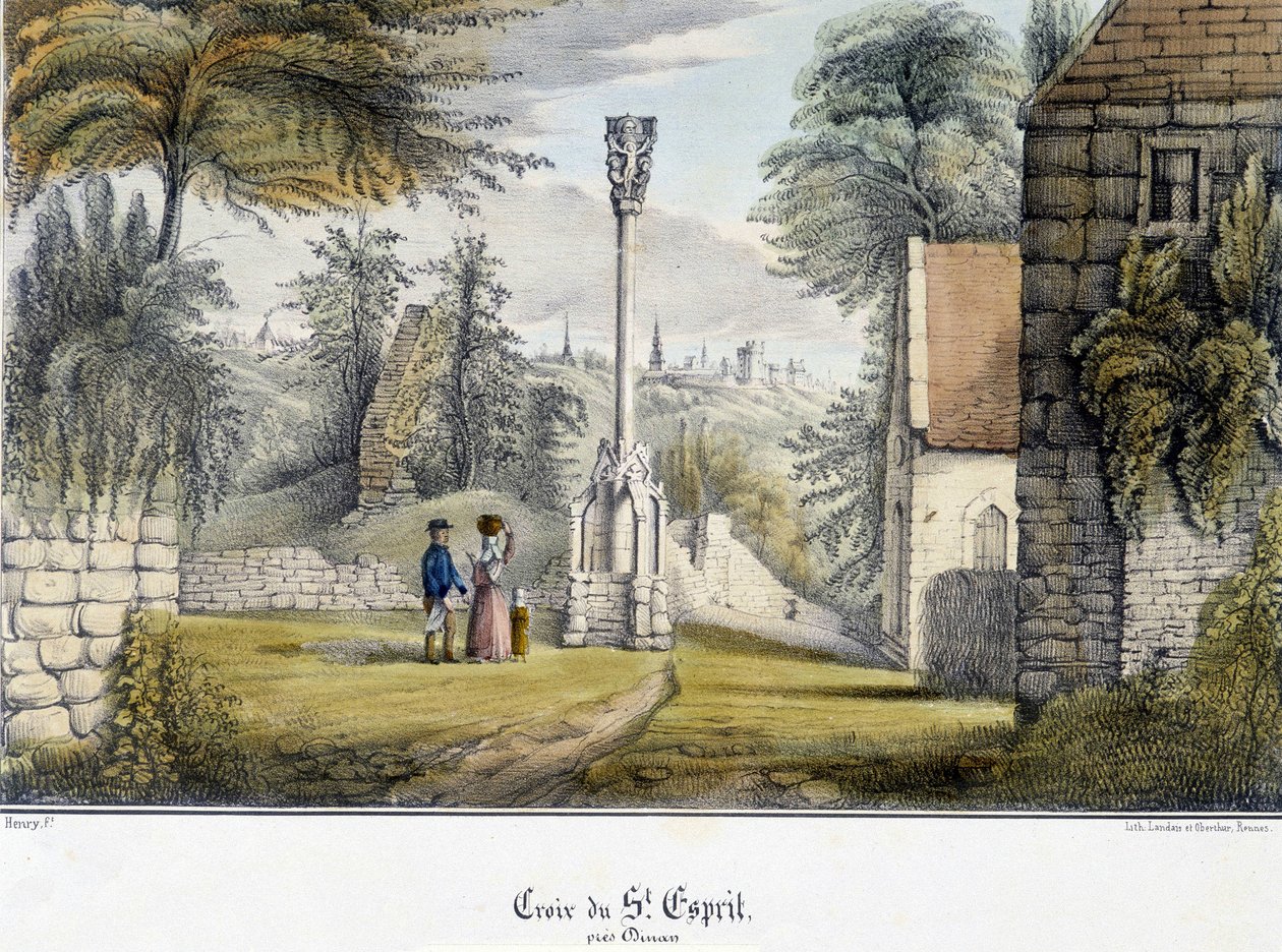 صليب الروح القدس بالقرب من دينان (كوت دي أرمور). رسم توضيحي للقرن التاسع عشر محفوظ في متحف دينان. بواسطة المدرسة الفرنسية