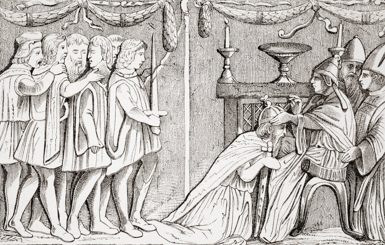تتويج Sigismund كإمبراطور روماني مقدس من قبل البابا يوجين الرابع عام 1433 ، من L "Histoire Universelle Ancienne et Moderne ، نشر في ستراسبورغ c.1860 بواسطة المدرسة الفرنسية