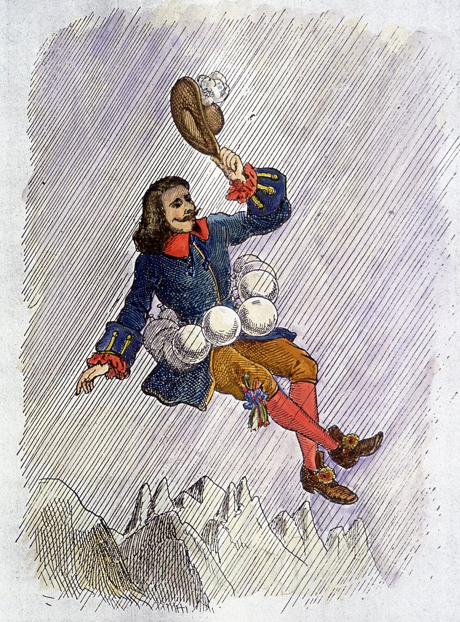 Cyrano de Bergerac ableve by his vials, illustration of the novel by Cyrano de Bergerac: “” L