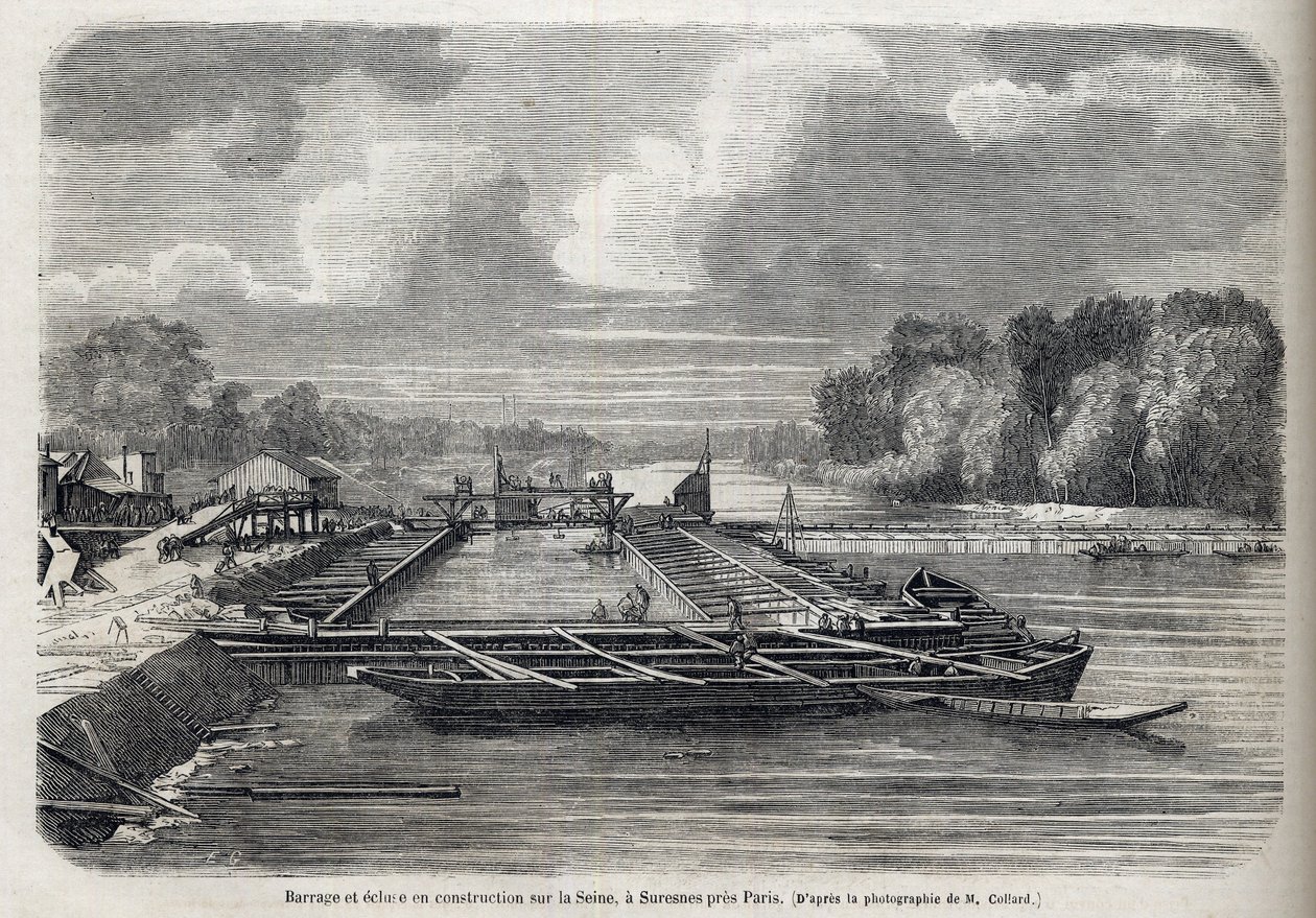 اندلع السد على نهر السين في SURESNES عام 1866 - نقش - Le Monde Illustré 1866 بواسطة المدرسة الفرنسية