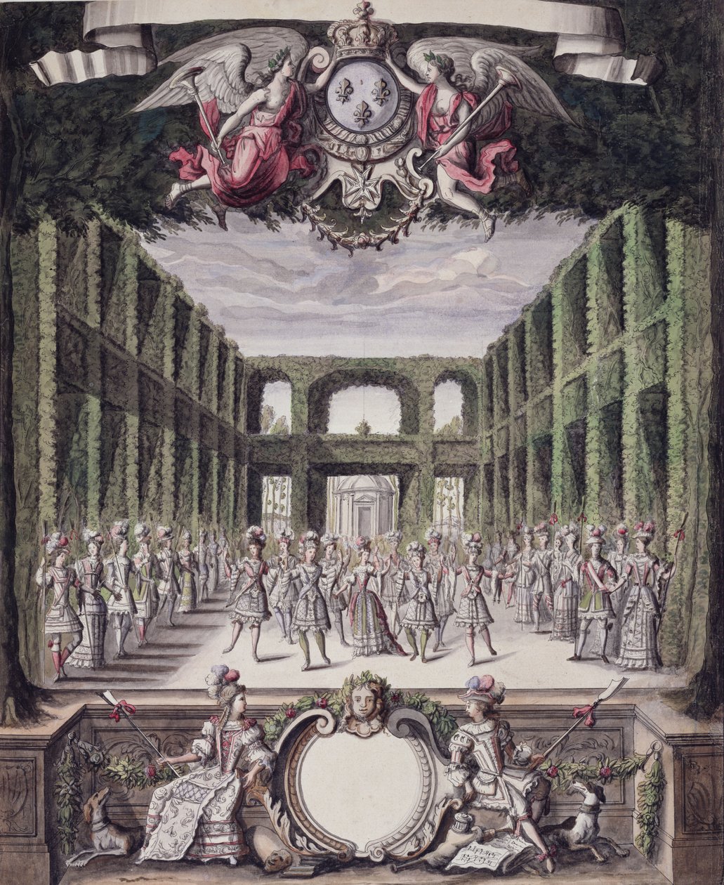 الرقص في حديقة رسمية ، من مجموعة بعنوان Les Menus Plaisirs du Roi (قلم وحبر ومرحاض على ورق) بواسطة المدرسة الفرنسية