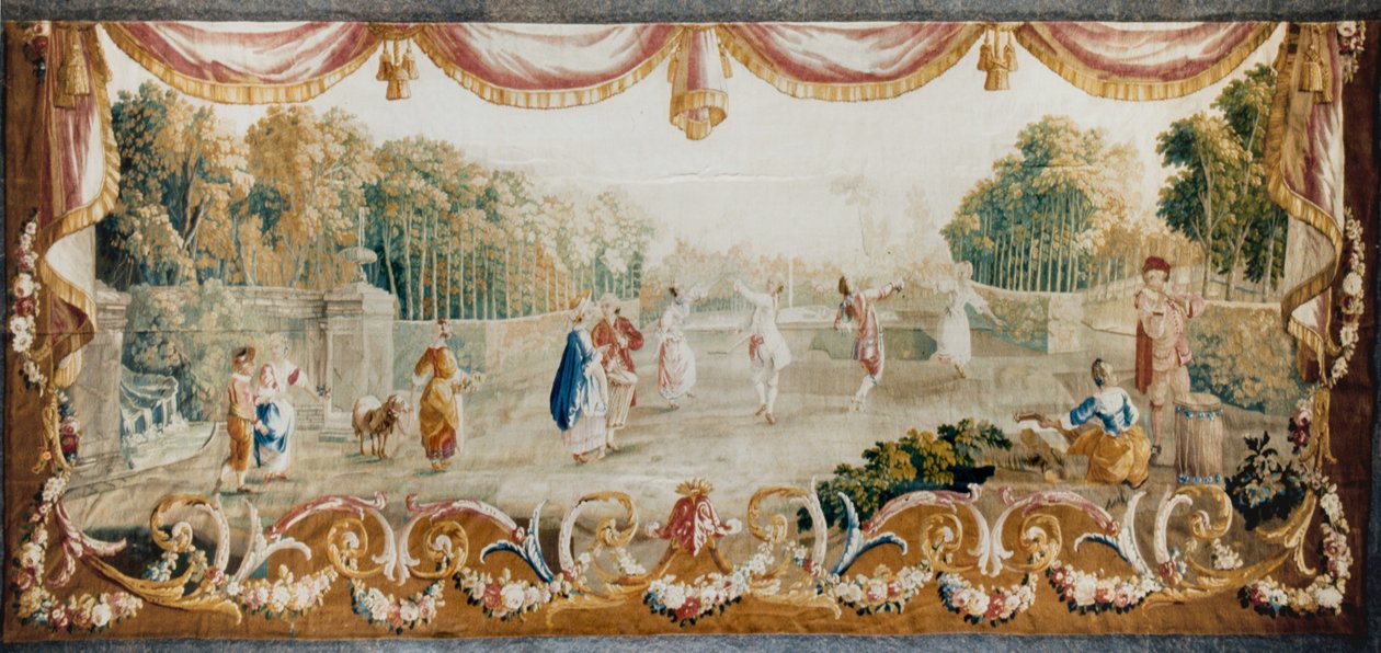 Dance in a Park، Aubusson Tapestry Workshop، c.1782 (صوف وحرير) بواسطة المدرسة الفرنسية